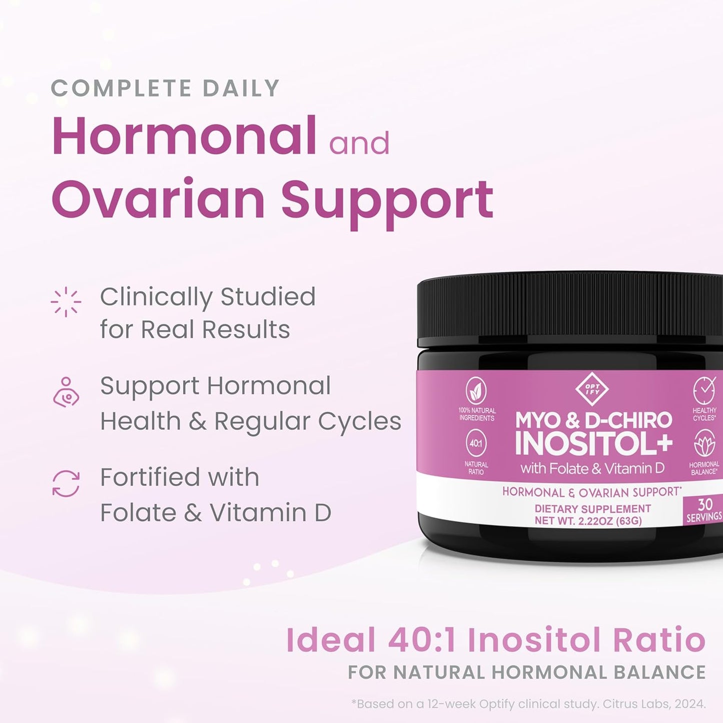 Optify Myo-Inositol & D-Chiro Inositol Supplement for Women 40:1 Ratio with Folate & Vitamin D (120 Capsules)