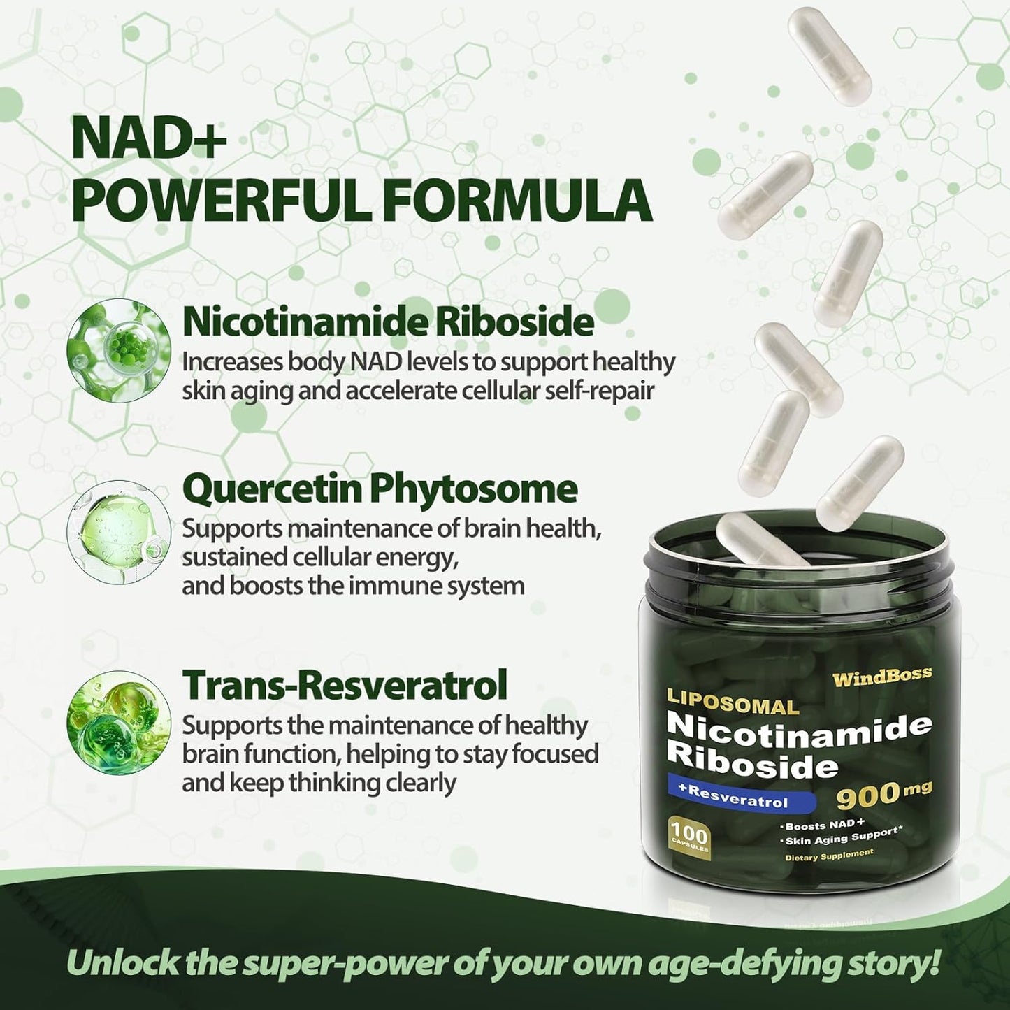 Windboss Liposomal NAD Nicotinamide Riboside Resveratrol 900mg
