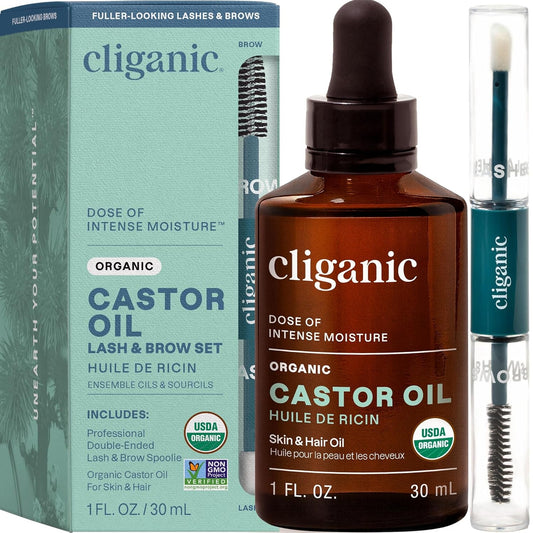 Cliganic Organic Castor Oil, 100% Pure (1oz Glass Bottle with Eyelash Kit) - For Eyelashes, Eyebrows, Hair & Skin